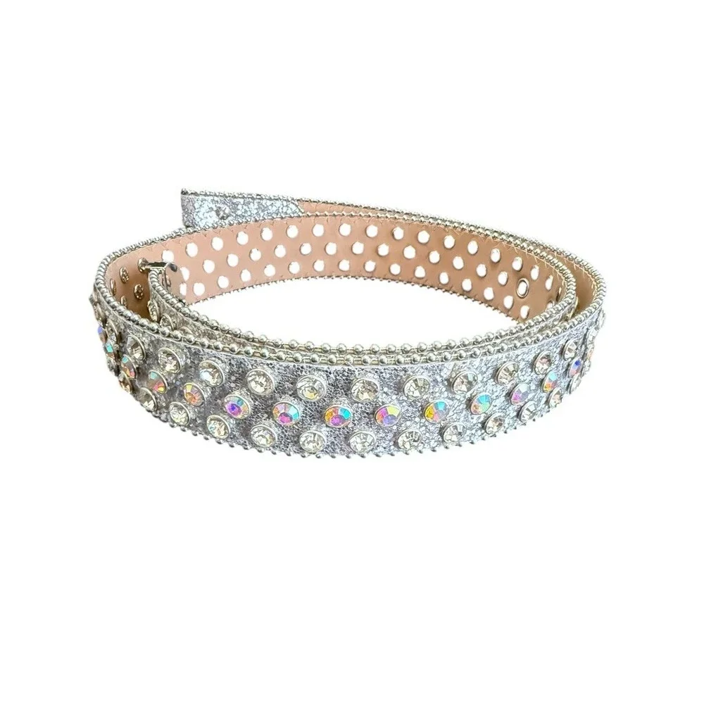 Silver Glitter Rhinestone Western Belt AB Crystal Bling Studded Y2K Glam 43